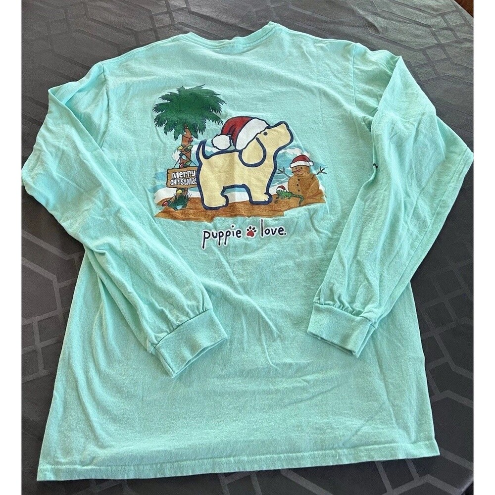 Puppie Love Christmas at the Beach Women’s Long Sleeve Cotton Tee Medium Seafoam